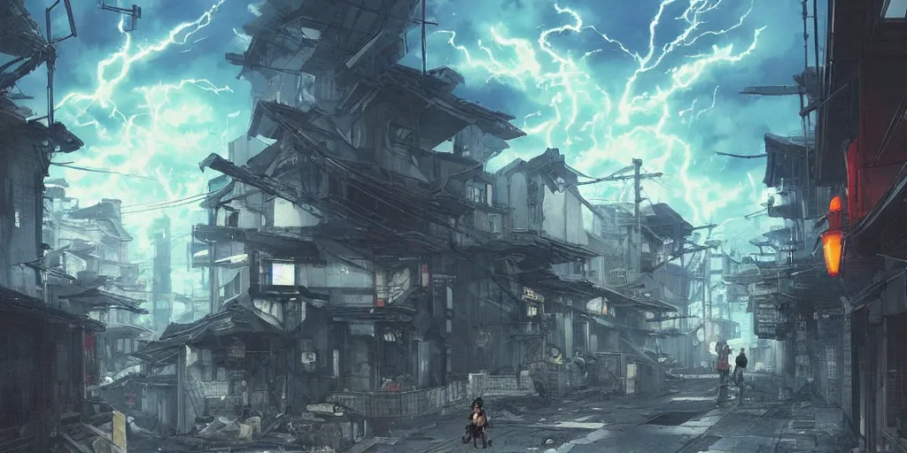 Image similar to A daemon bursts through the floor of an urban japanese street, there is an apocalyptic electrical storm in the sky, Greg Rutkowski and Studio Ghibli