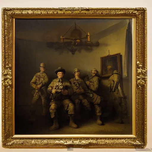 Prompt: american soldiers posing in a room, dark room, oil painting by rembrandt, masterpiece, detailed