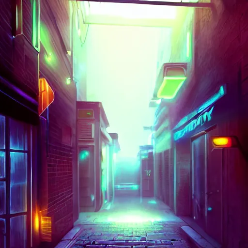 Prompt: dark alleyway with a glowing neon sign, city, cinematic, cinematic lighting, photorealistic, hyperdetailed 3 d matte painting, iridescent, deviantart, trending on artstation, concept art