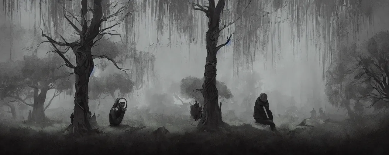 Image similar to duotone noir illustration of bald merchant sitting below willow tree in medieval brown tunic. demonic eyes. hundreds of people silhouettes floating in air the foggy background. dark dream atmosphere, by sachin teng and sergey kolesov and ruan jia and heng z. graffiti art, scifi, fantasy, hyper detailed. octane render. concept art. trending on artstation