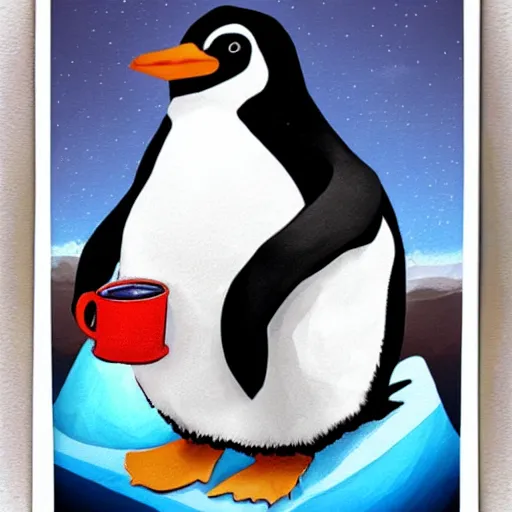 Image similar to penguin kawaii taking a coffee in the middle on the artic, trending in art station polaroid