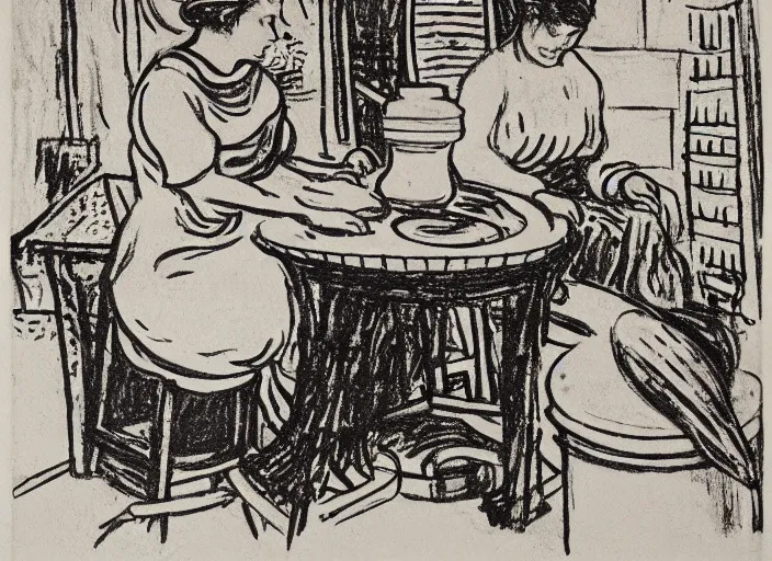 Image similar to abstract stylized pen and ink drawing on white paper of a woman sitting at a pottery wheel working on a vase, john singer sargent, van gogh, miro, vermeer