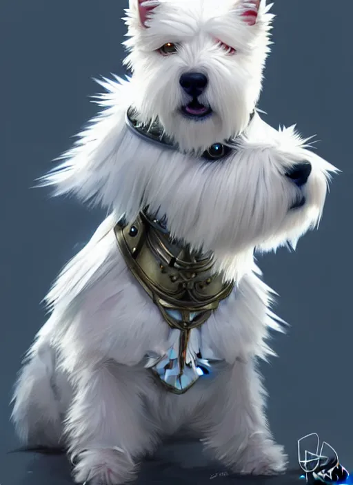 Prompt: a west highland white terrier, anime art style, wearing futuristic, led - lit armor, and a cannon mounted on his back, portrait, high detail, sharp focus, digital painting, artstation, concept art, art by hayao miyazaki and artgerm and greg rutkowski and alphonse mucha.