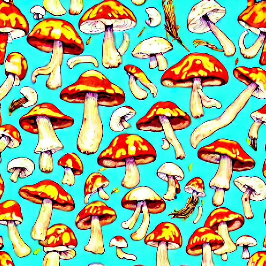 Prompt: plethora of mushroom characters and mycelium, vivid natural color hues and natural surroundings, colorful painted patterns and motifs on mushrooms, seamless fabric pattern 8K, highly detailed.