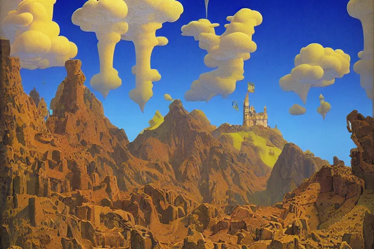 Prompt: a surreal fantasy landscape featuring a castle made of giant books, digital painting by maxfield parrish and michael whelan, photorealistic