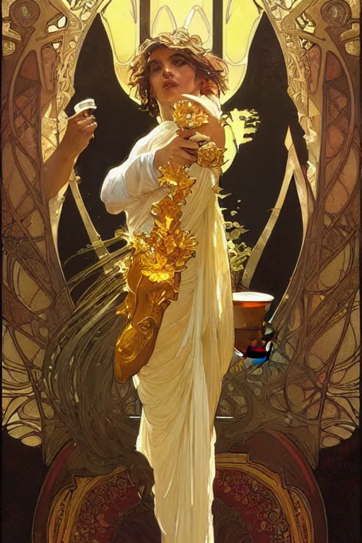 Image similar to A god wearing golden clothes, eating ice cream, fantasy, painting by greg rutkowski and alphonse mucha