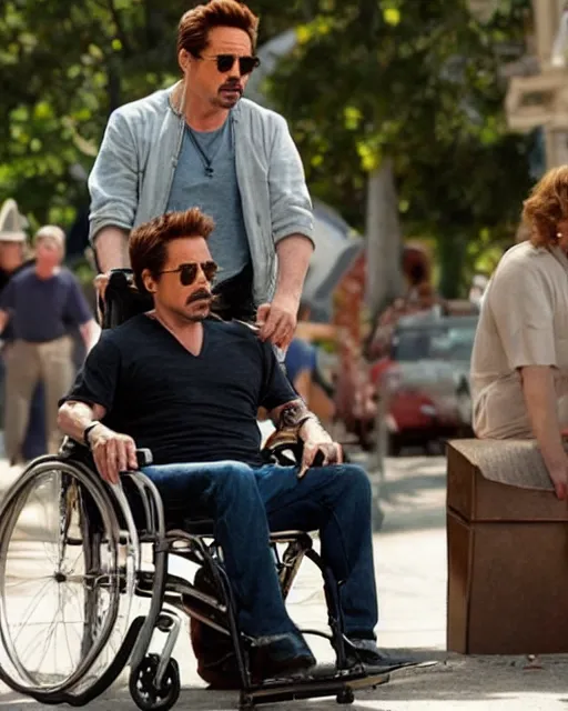 Image similar to robert downey jr. starring in weekend at bernie's. movie poster. comedic. cinematic lighting. robert downey jr. in a wheelchair.