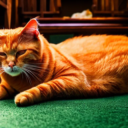 Prompt: realistic orange tabby cat lying in a sunbeam, the cat is next to a pile of D&D polyhedral dice, the cat is sleeping, award-winning photography, cozy, golden hour