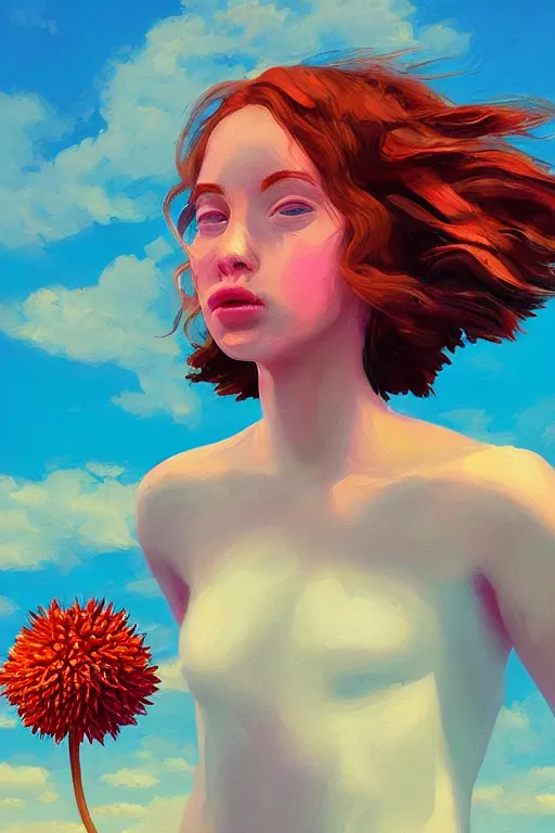 Image similar to closeup girl with huge dahlia flower head, portrait on beach, surreal photography, blue sky, sunrise, dramatic light, impressionist painting, digital painting, artstation, simon stalenhag