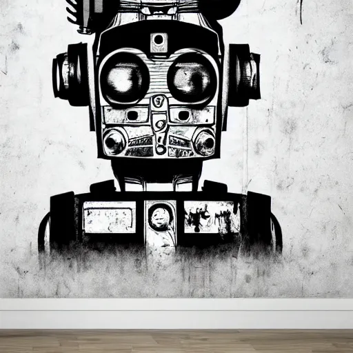 Image similar to chappie robot graffiti, black and white zef design graffiti on the wall, dark lighting, digital art