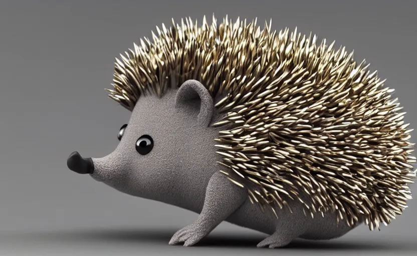 Prompt: a cute 3d cartoon hedgehog with big and sharp iron metallic razor spikes on his back