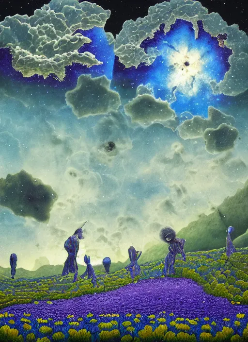 Image similar to detailed, intricate blue black and purple papaverum flower on the field, nebula, galaxy in the sky, winning award masterpiece, fantastically beautiful, illustration, aestheticly inspired, jacek yerka, upscale with anguissola sofonisba work, artstation, 8 k