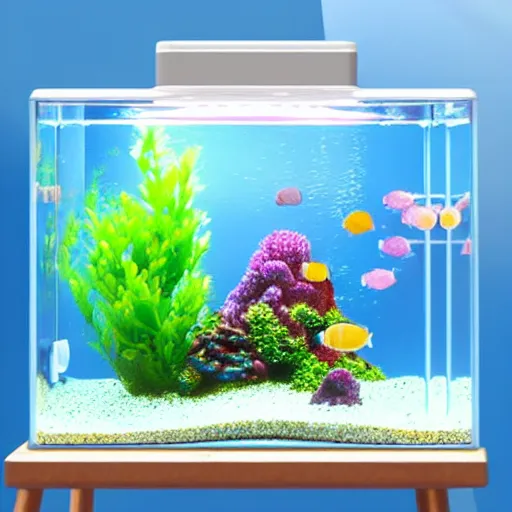 Prompt: cute kawaii fish tank, several fish swimming around, a small underwater house. Pastel colors