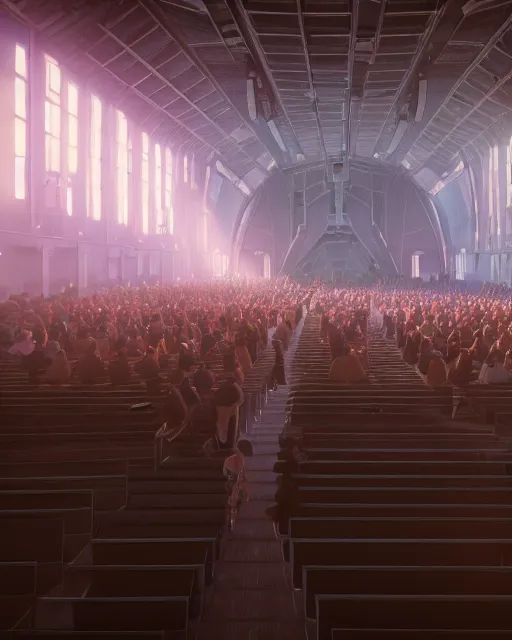 Prompt: scifi movie scene unreal engine 5 render of a crowd in a futuristic church by craig mullins and ghibli, strong contrast, priest, pews, ethereal, inviting, bright, raking light, hyper realism, realistic shading, cinematic composition, blender render, octane render, hdr, detailed textures, photorealistic, wide shot