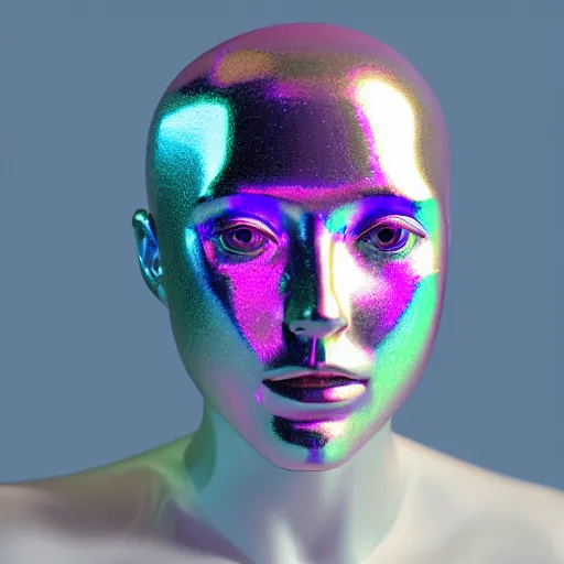 Image similar to 3d render of holographic human robotic head made of glossy iridescent, surrealistic 3d illustration of a human face non-binary, non binary model, 3d model human, cryengine, made of holographic texture, holographic material, holographic rainbow, concept of cyborg and artificial intelligence