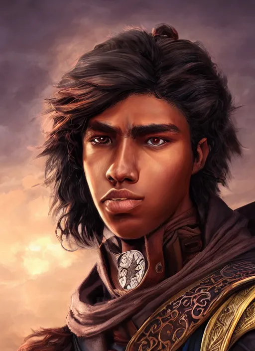 Image similar to An epic fantasy comic book style portrait painting of a young dark skinned long haired boy peasant with intelligent eyes in the style of the wheel of time, unreal 5, DAZ, hyperrealistic, octane render, cosplay, RPG portrait, dynamic lighting