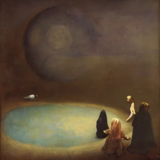 Image similar to witches gather around a moon shaped pool, by Odd Nerdrum, by Francisco Goya, oil on canvas, beautiful, eerie, surreal, colorful
