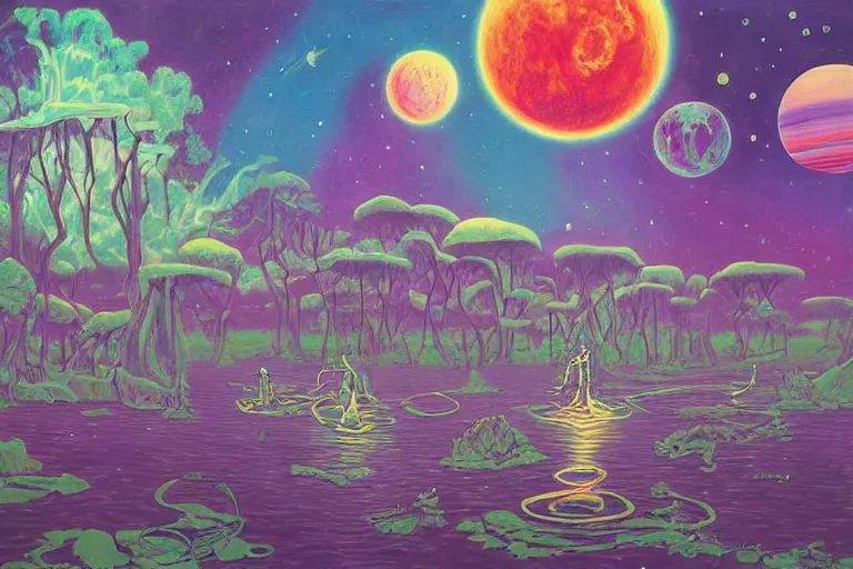 Image similar to surreal painting by chesley bonestelll!!, twelve astronauts sitting near a river + psychedelic vegetation + purple, pink, blue + planets and stars + mystic fog, 5 0's vintage sci - fi style, rule of third!!!!, line art, 8 k, super detailed, high quality