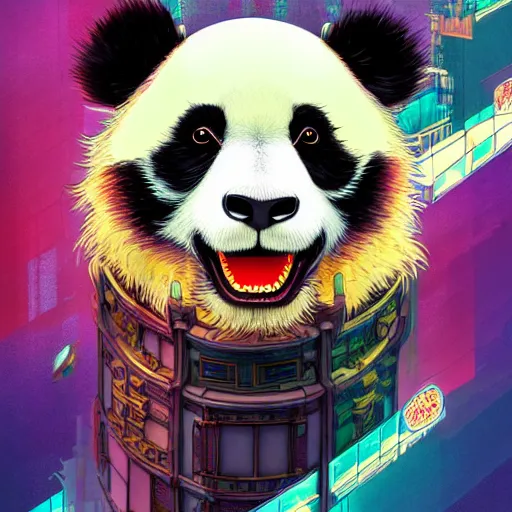 Image similar to a beautiful hyperdetailed character design 4 k wallpaper illustration of a cute panda with a chinese lion dance head victo ngai cyberpunk style, from china, style of studio ghibli, makoto shinkai, raphael lacoste, louis comfort tiffany, artgerm, james jean, ross tran, chinese style