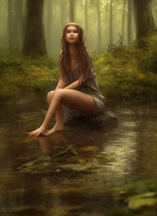 Image similar to young woman sitting : : wet hair and shirt : : raining forest nature : : weta disney pixar movie still photo : : decadent highly - detailed digital painting, full length shot, golden ratio, octane render, artstation, smooth, sharp focus, artgerm, mucha, loish, wlop, gogo