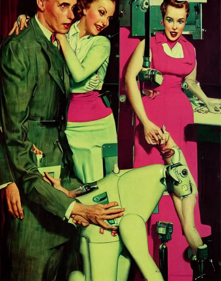 Image similar to a female housewife being hugged by a robot!!! husband!!! in a suit, 1 9 5 0 s horror film movie poster style, ( norman rockwell oil painting ), close - up shot, retro science fiction, vintage, saturated pink and green lighting, shadowy lighting