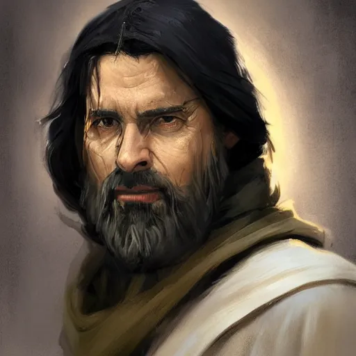 Image similar to portrait of a man by Greg Rutkowski, an old Jedi, arabian features, and olive skin, long black hair and beard, wise appearance, orange robes, Star Wars Expanded Universe, he is about 60 years old, highly detailed portrait, digital painting, artstation, concept art, smooth, sharp foccus ilustration, Artstation HQ
