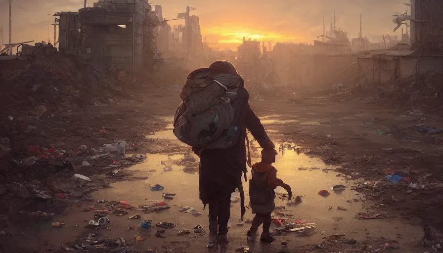 Image similar to poor detailed child with backpack looking for food at garbage dump, city is pure wasteland, moody sunset in background, greg rutkowski, alphonse mucha, trending on artstation, artgerm, unreal engine, breathtaking, award winning, highly detailed