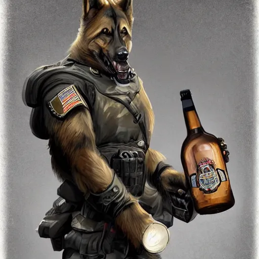 Image similar to a humanoid german shepherd beast - man in military style, holding a bottle of beer, artstation, concept art, smooth, sharp foccus ilustration, artstation