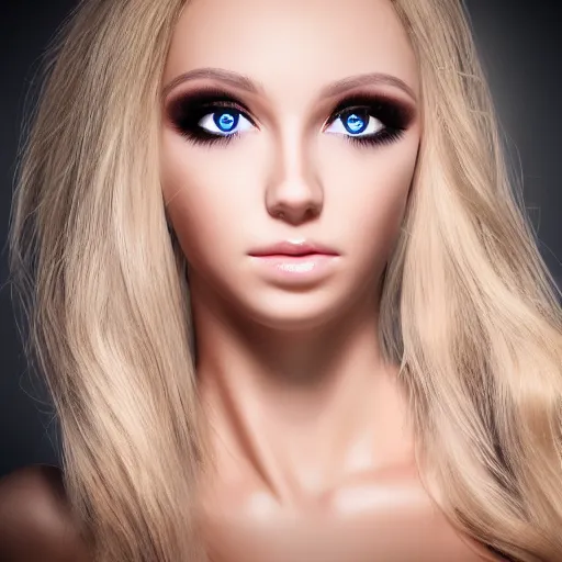 Image similar to blonde girl with heavy makeup and too much plastic surgeries, portrait photo, studio lighting, 4 k realistic, detailed