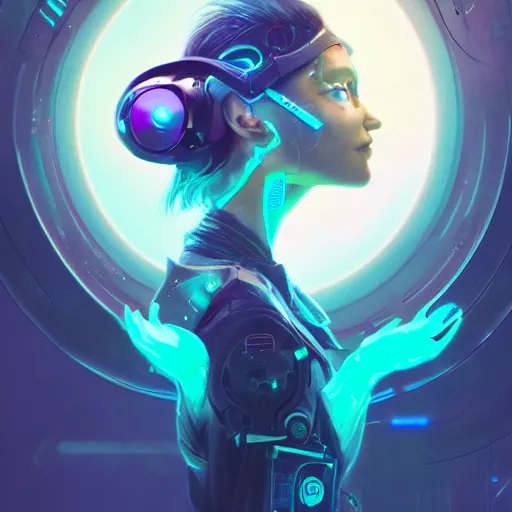 Image similar to portrait of a beautiful cybernetic raver girl wearing a vr headset, cyberpunk concept art by pete mohrbacher and artgerm and wlop and deathburger, digital art, highly detailed, intricate, fantasy, mystical, sharp focus, Trending on Artstation HQ, deviantart, unreal engine 5, 4K UHD image