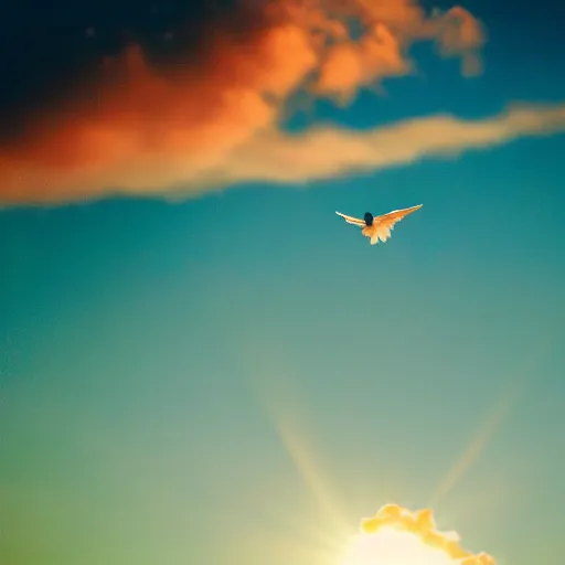 Image similar to Close-up realistic shot of a radiant white dove flying over the clouds at sunset, ethereal, vintage photograph, film grain, surreal, awe-inspiring, highly detailed, teal and orange color scheme