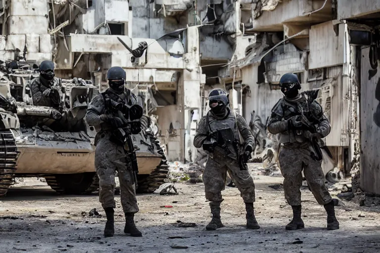 Image similar to Mercenary Special Forces soldiers in grey uniforms with black armored vest and black helmets behind an MRAP in urban warfare in Cambodia as artillery explodes 2022, Canon EOS R3, f/1.4, ISO 200, 1/160s, 8K, RAW, unedited, symmetrical balance, in-frame, combat photography