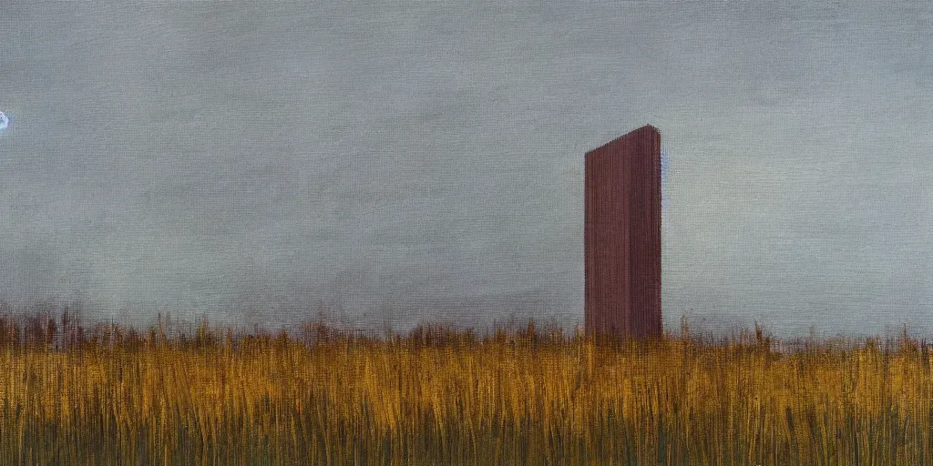 Prompt: a tall building over a grass field at night, disjointed style, by Maurice Noble