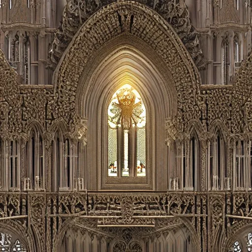 Image similar to a hyperrealistic 3 d render of a delicate ivory sculpture of an ornate detailed cathedral populated by mandelbrot fractals, micro detail, unreal engine, backlit lighting, octane renderer, catholicpunk, glowing, photorealistic, physically based rendering, carved soap, trending on cgsociety