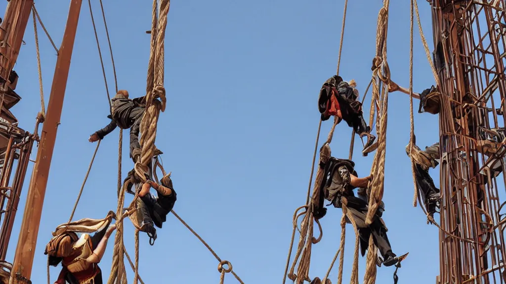 Image similar to hooded thieves use ropes to climb tall metal towers in a steampunk city