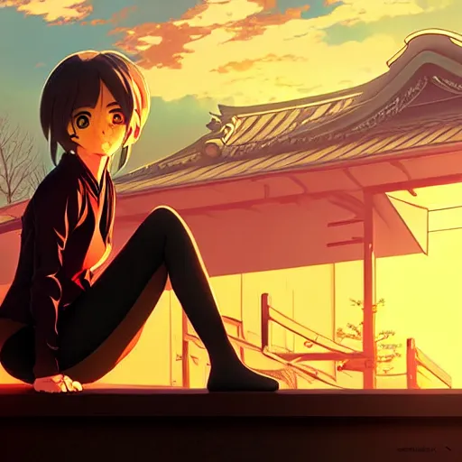 Prompt: digital anime art in the style of netflix arcane, cute female ninja sitting on an old japanese roof at golden hour, wlop, ilya kuvshinov, backlit