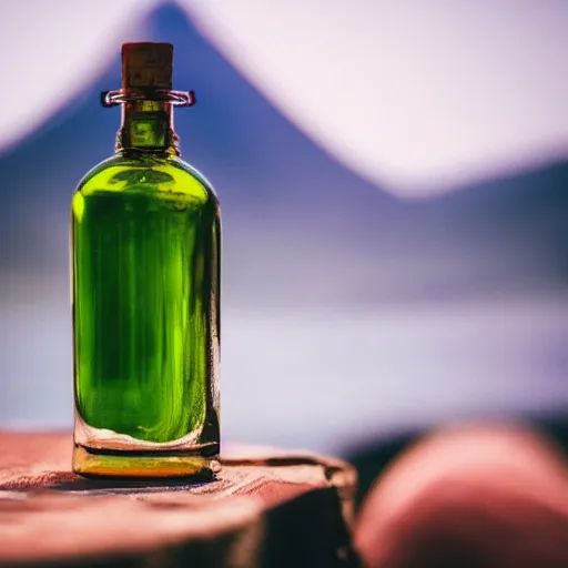 Prompt: a volcano inside a bottle is sitting on a table, clear focus, bokeh effect, high res, hasselblad, dslr, professional, cinematic