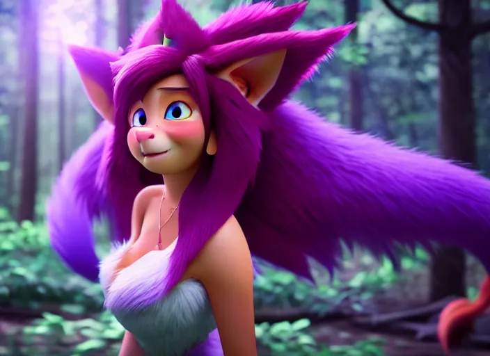 Prompt: ahri from league of legends walking in a forest in the croods movie style, anime, disney, pixar, 8 k, hd, dof, kodak film, volumetric lighting, subsurface scattering, photorealistic, octane render, details