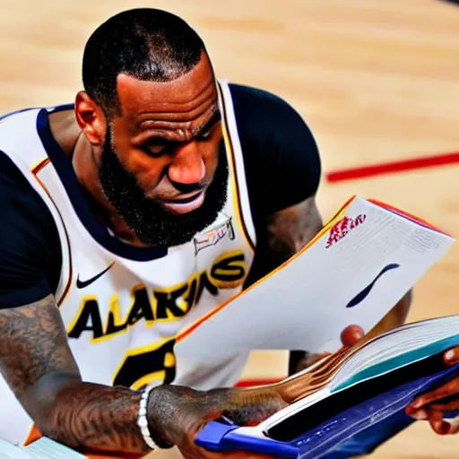 Image similar to professional close up shot photograph of lebron james reading a book while in an nba game, wearing nba jersey, standing, award - winning photograph, clear image, as seen on getty images, smooth
