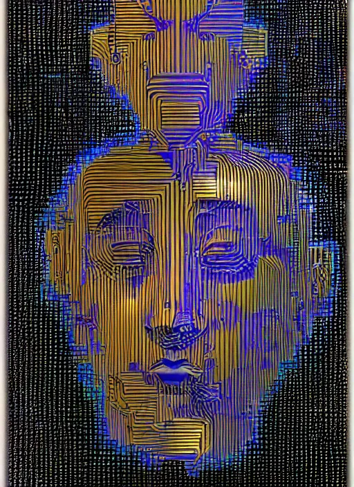 Image similar to god king of ai art, cpu gpu wafer, glitch art, notan, cyberwars by rene lalique, highly detailed, by william - adolphe bouguerea