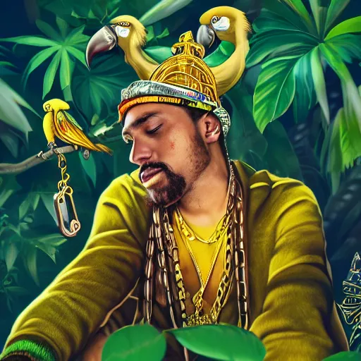 Image similar to parrots dressed in golden rings, necklaces and with caps on head, rapping and sitting on golden trees, rap scene, jungle concept art, trending on artstation, highly detailed, digital art, 8 k