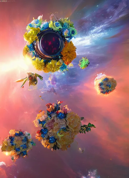 Image similar to An epic fantastic realism comic book style painting of the most beautiful flowers launched into space, bouquets and solar flares, fisheye lens, unreal 5, DAZ, hyperrealistic, octane render, dynamic lighting