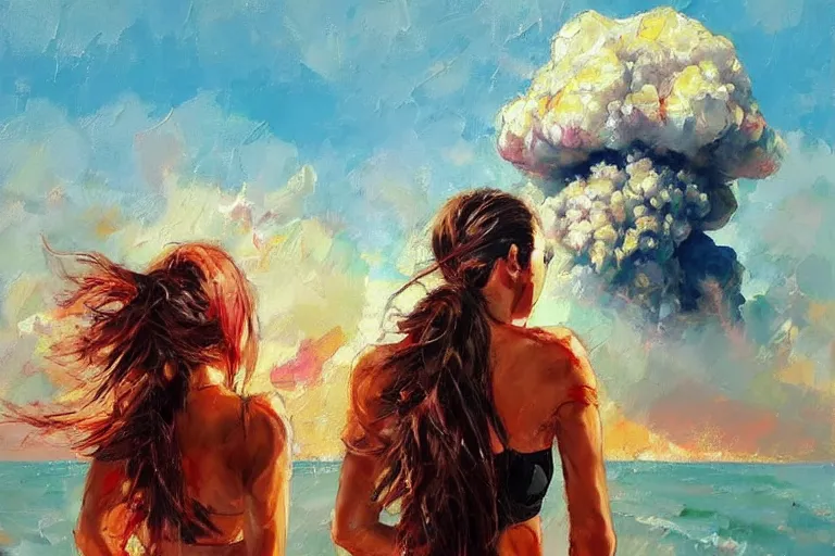 Prompt: girl with a ponytail wearing bikini looking at a nuclear bomb test, expressive oil painting, digital art, high quality, by michael garmash, by rob rey, by conrad roset, beautiful girl, apocalyptic, nuclear mushroom cloud