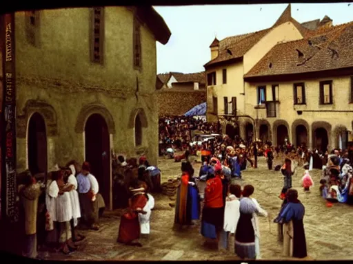 Prompt: a color 3 5 mm photograph of a crowd of villagers milling around in a medieval town square