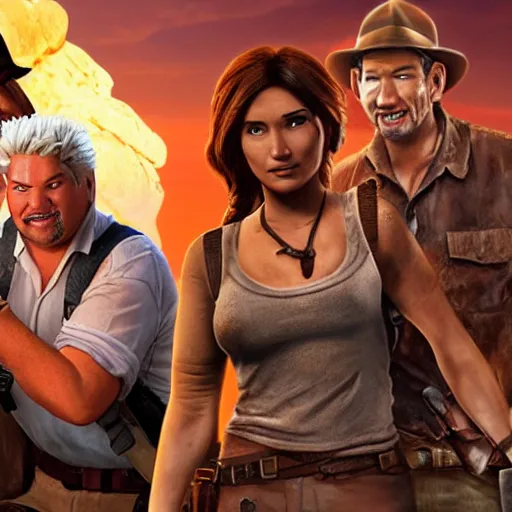 Image similar to still from the movie with Indiana Jones (played by Guy Fieri), Lara Croft (played by Linda Belcher) and Nathan Drake (played by Donald Duck), award-winning cinematography, 4k