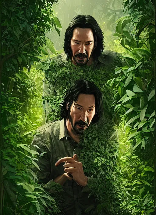 Image similar to highly detailed comedy caper movie poster with silly wacky zany keanu reeves hiding in leaves, keanu reeves face inside a leafy bush by greg rutkowski