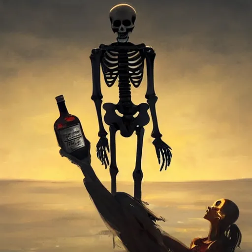 Prompt: skeleton dreaming of life drinking vodka, graveyard background , empty botte of vodka , backlight sunset artstation painting by greg rutkowski