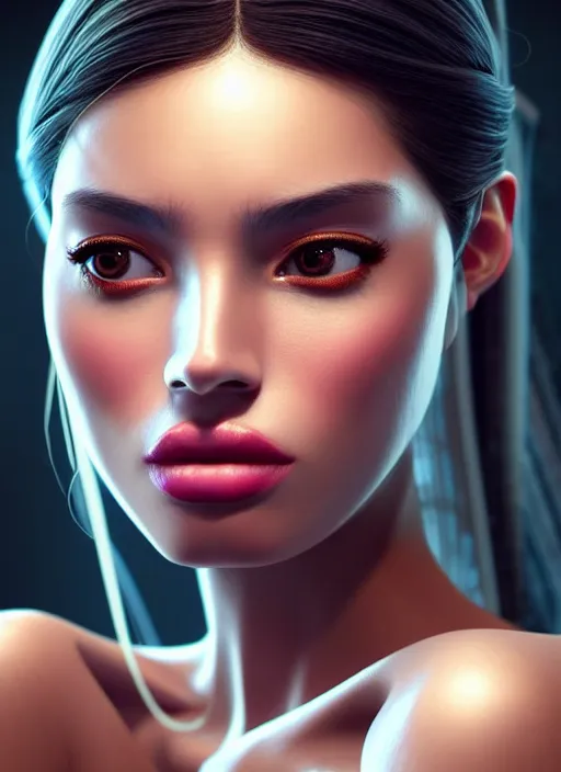 Image similar to portrait of latina model, intricate, technology, sharp focus, octane render, realistic, detailed, beautiful, unreal engine, symmetrical!!, maybelline, sephora, loreal, artstation, art by artgerm, rossdraws, art by karol bak, makeup by pat mcgrath, cinematic, concept art, filmic, vsco