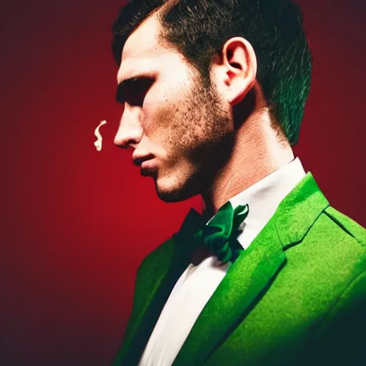 Prompt: side view head and shoulders man with dark brown hair smoking cigarettes wearing red suit with green tie dramatic moody lighting melancholy