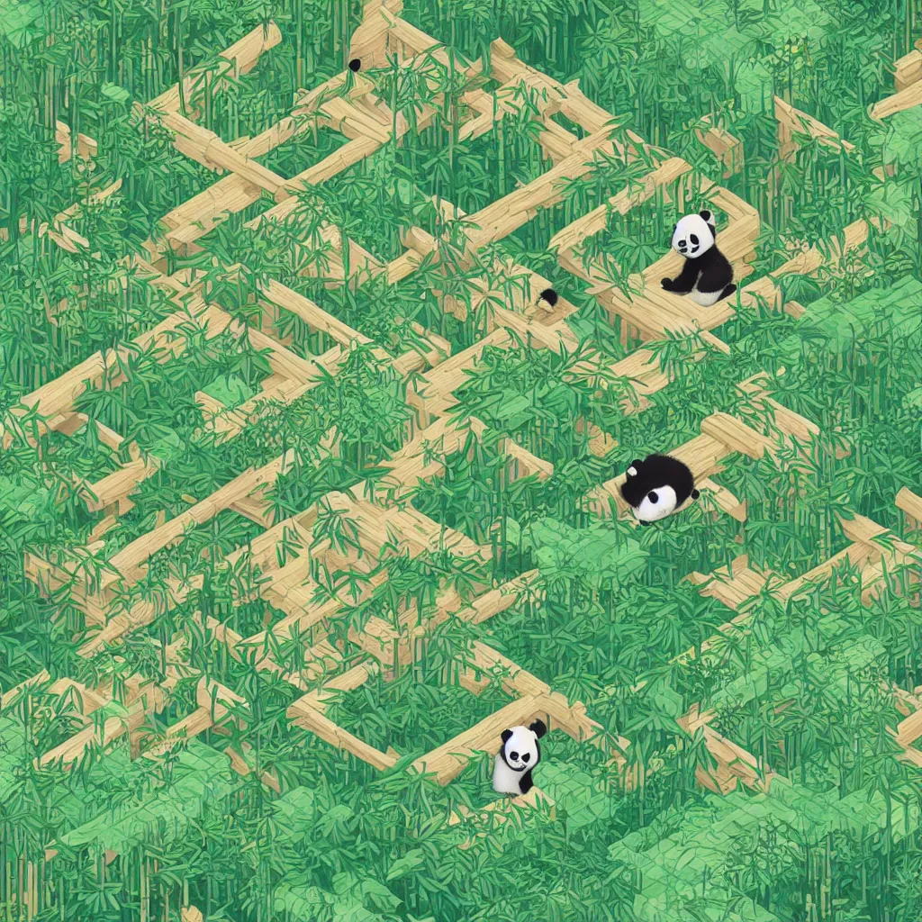 Prompt: isometric view illustration cute panda in bamboo forest, highly detailed mid day by victo ngai and malika favre, isometric, isometric view